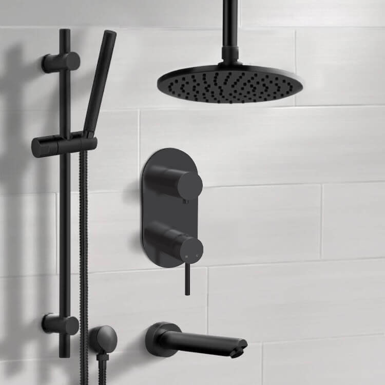 Remer TSR68 Matte Black Tub and Shower Set With 8 Inch Rain Ceiling Shower Head and Hand Shower